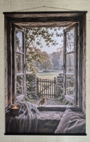 Tuinposter doorkijk met roodborstje